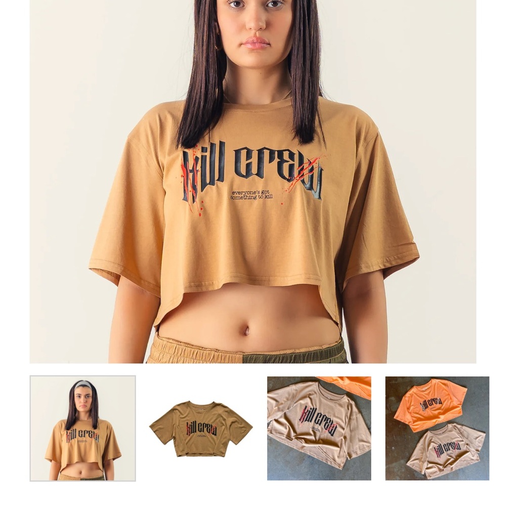 Kill Crew Women's Crop Top in Camel with Black & Orange Logo